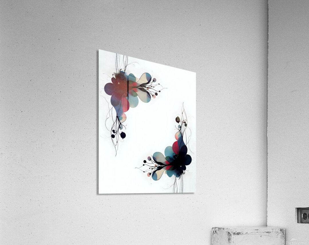 Abstract floral wall art with black blossoms, teal/blue petals, and red accents.