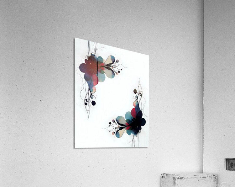 Abstract floral wall art with black blossoms, teal/blue petals, and red accents.