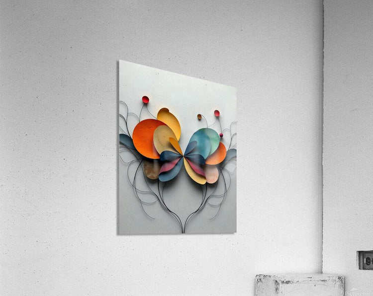 Abstract floral wall art with orange, blue, and yellow petals plus curled black wire lines