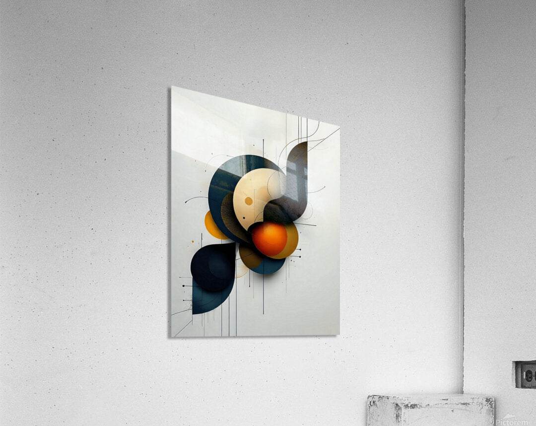 Square abstract geometric wall art with dark navy shapes, cream face-like circle, and orange sphere