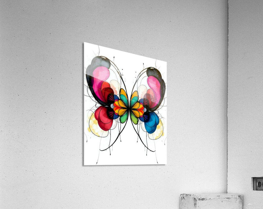 Abstract butterfly canvas wall art with multicolor wings, dark lines, and a centered flower.