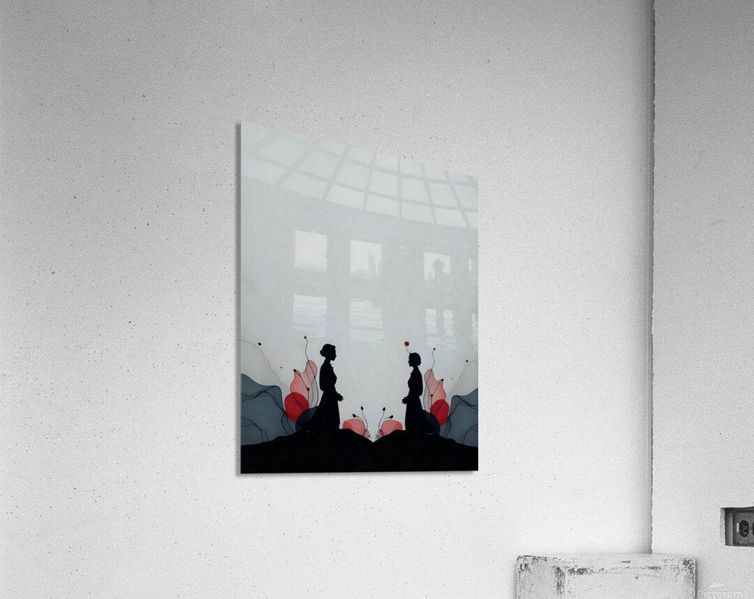 Square minimalist art print with two black silhouettes and red flowers over blue-gray landscape
