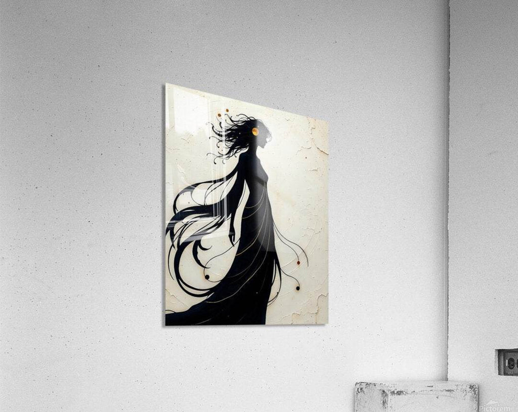 Silhouette woman wall art with flowing black hair on light beige textured panel