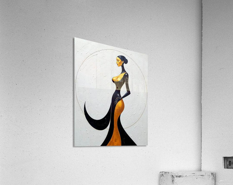 Framed wall art print of a stylized woman in black and gold dress with abstract halo