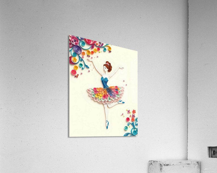 Quilled paper ballerina wall art with blue tutu and colorful curled paper accents