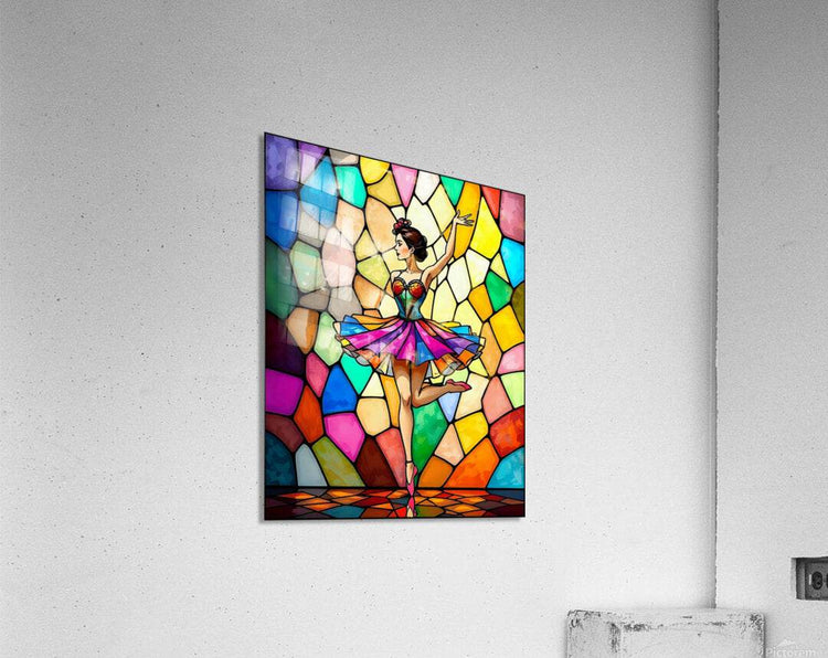 Framed wall canvas art featuring a multicolor stained-glass style ballerina.