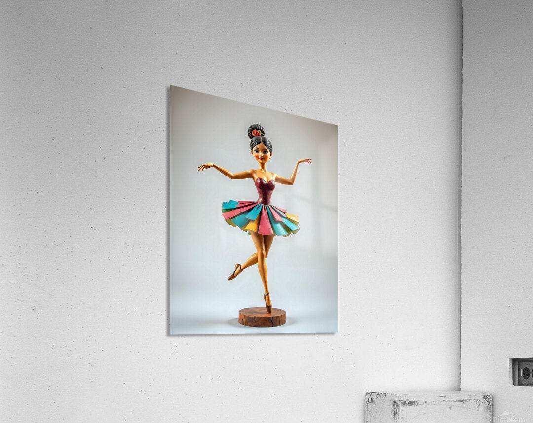 Square ballerina wall art: maroon leotard, multicolor tutu, mounted on wood pedestal base.