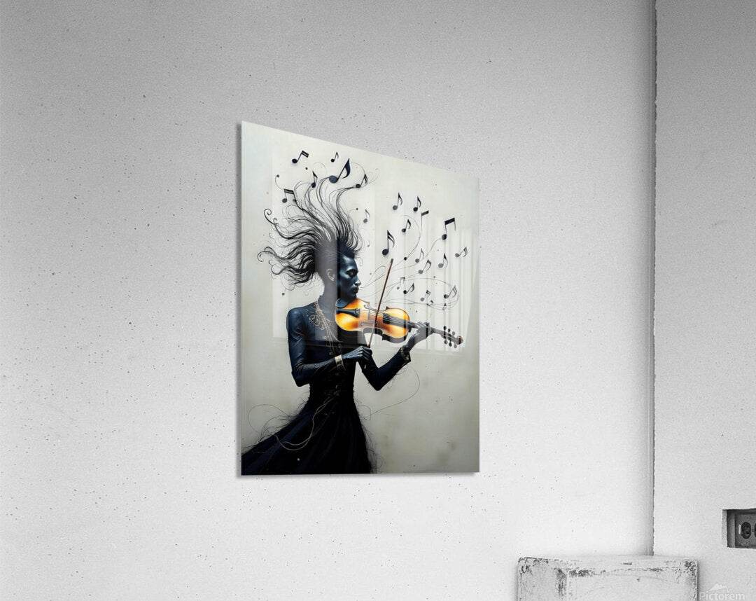Stretched canvas violinist woman wall art with black dress, orange violin, and music notes