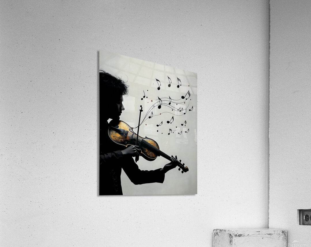 Silhouette violinist wall art with musical notes on square canvas