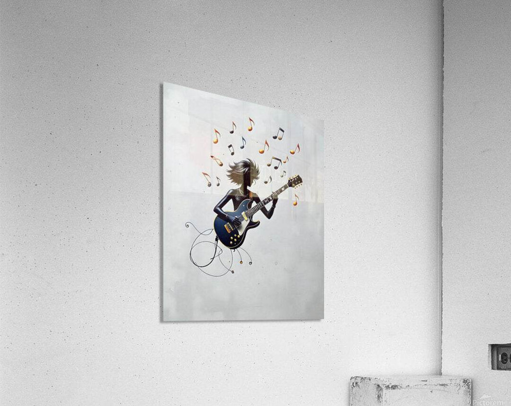 Rock guitarist wall art on light wall with electric guitar and music-note burst