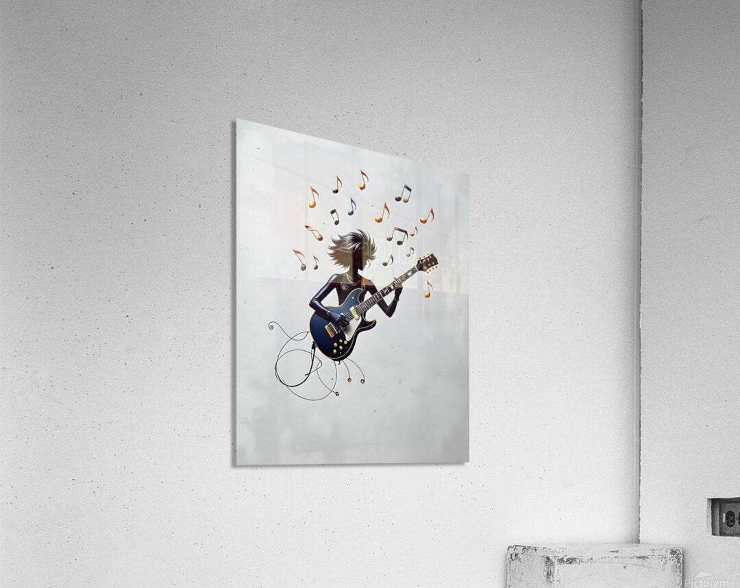 Rock guitarist wall art on light wall with electric guitar and music-note burst