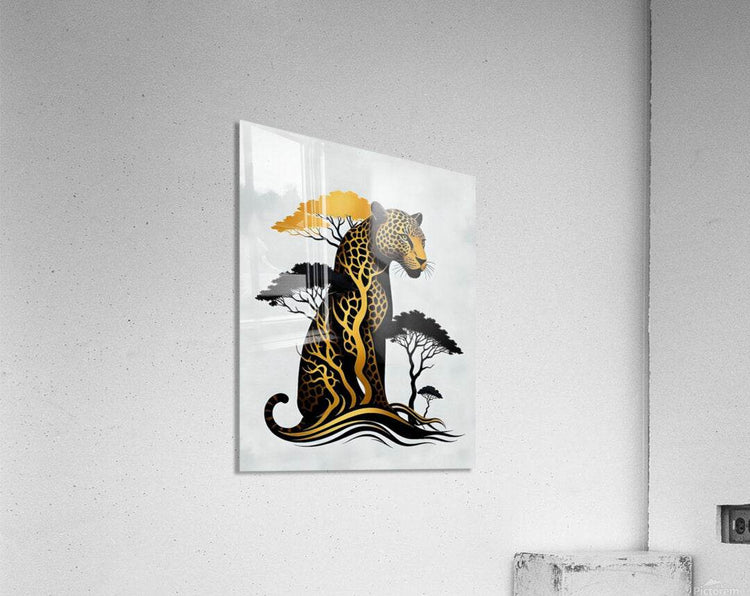 Framed jaguar wall art print with gold patterns, wavy base, and black trees