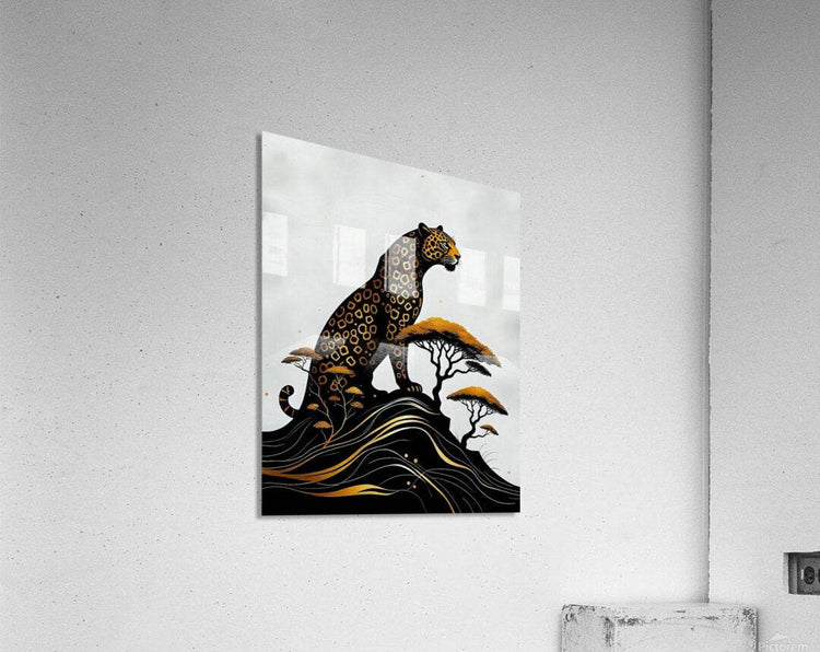 Stylized jaguar figure above black waves with gold accents and white trees
