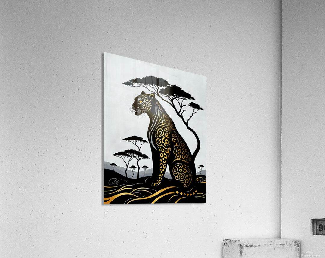 Square leopard art print with black trees and gold scrollwork, framed on a wall