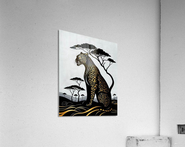 Square leopard art print with black trees and gold scrollwork, framed on a wall