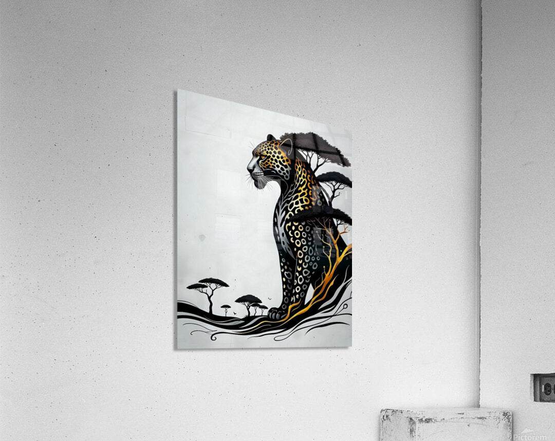 Framed jaguar wall art print with black-and-gold spotted coat, trees, and swirling waves