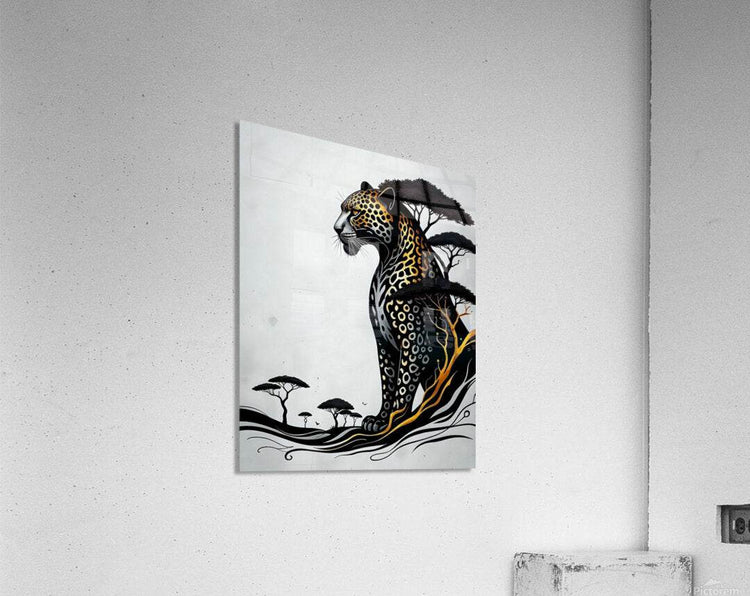 Framed jaguar wall art print with black-and-gold spotted coat, trees, and swirling waves