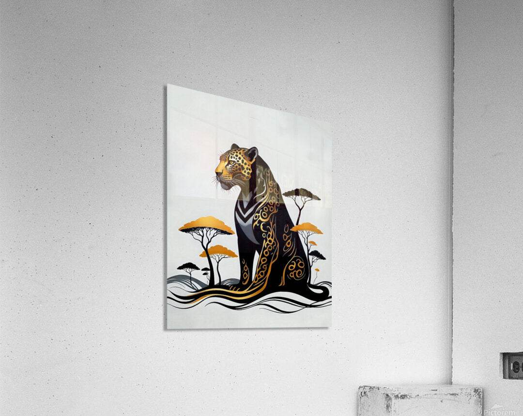 Framed jaguar wall art print on gray wall with orange trees and wavy lines