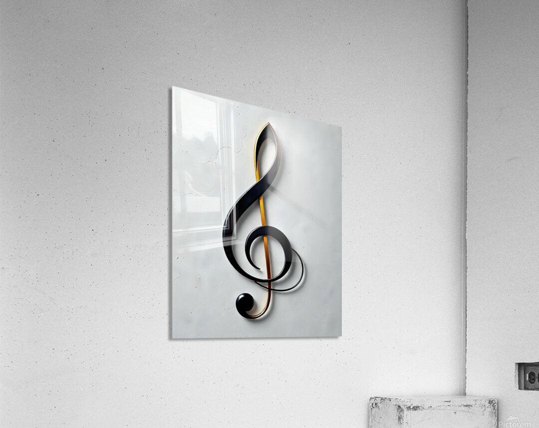 Treble clef wall art with black loops, gold inner lines, and a small round note