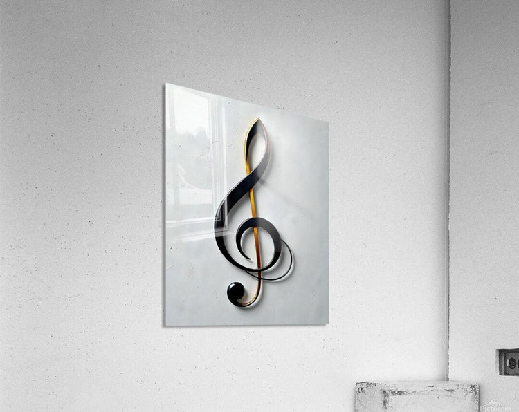 Treble clef wall art with black loops, gold inner lines, and a small round note