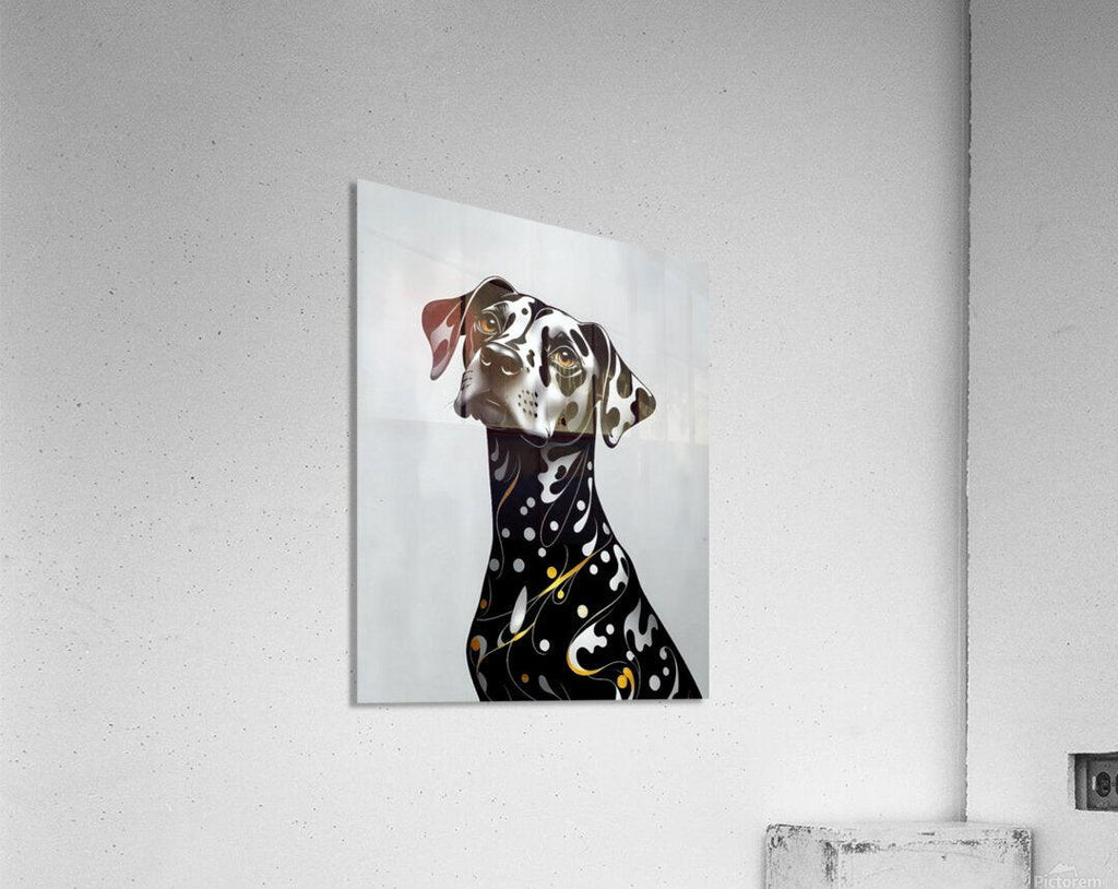 Dalmatian portrait wall art of a black-and-white dog with orange eyes and gold swirls