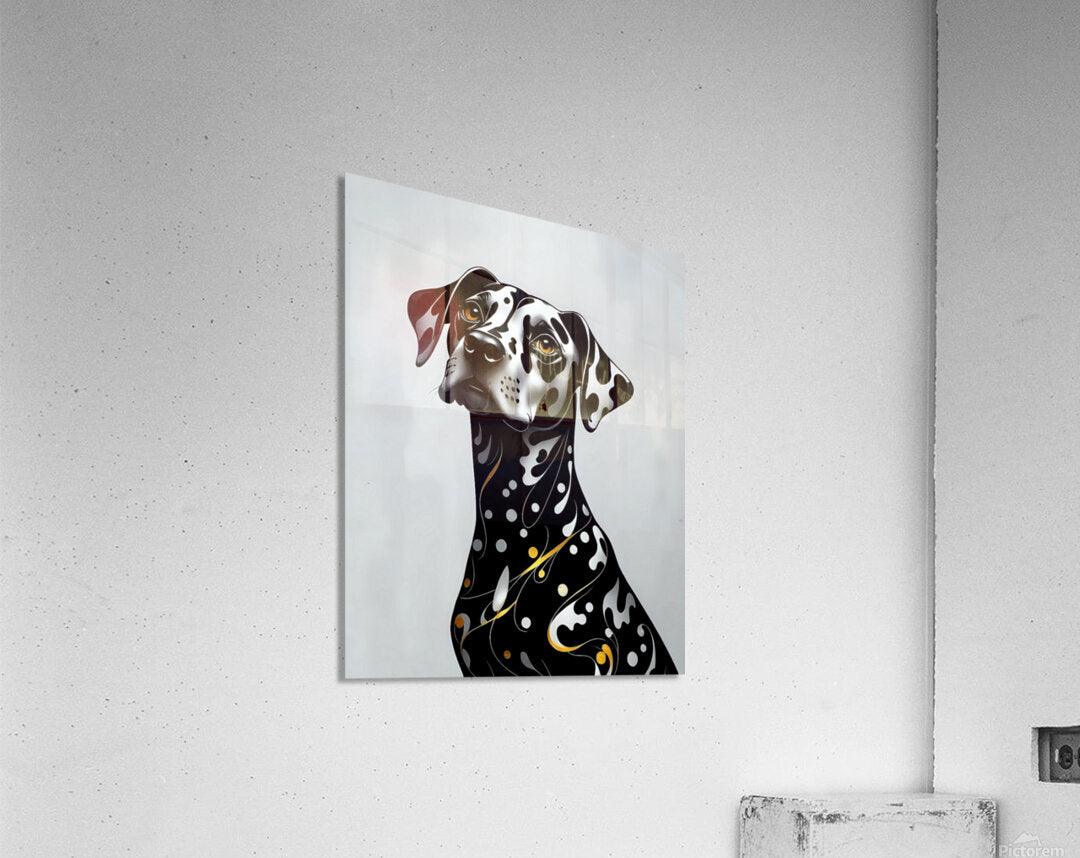 Dalmatian portrait wall art of a black-and-white dog with orange eyes and gold swirls