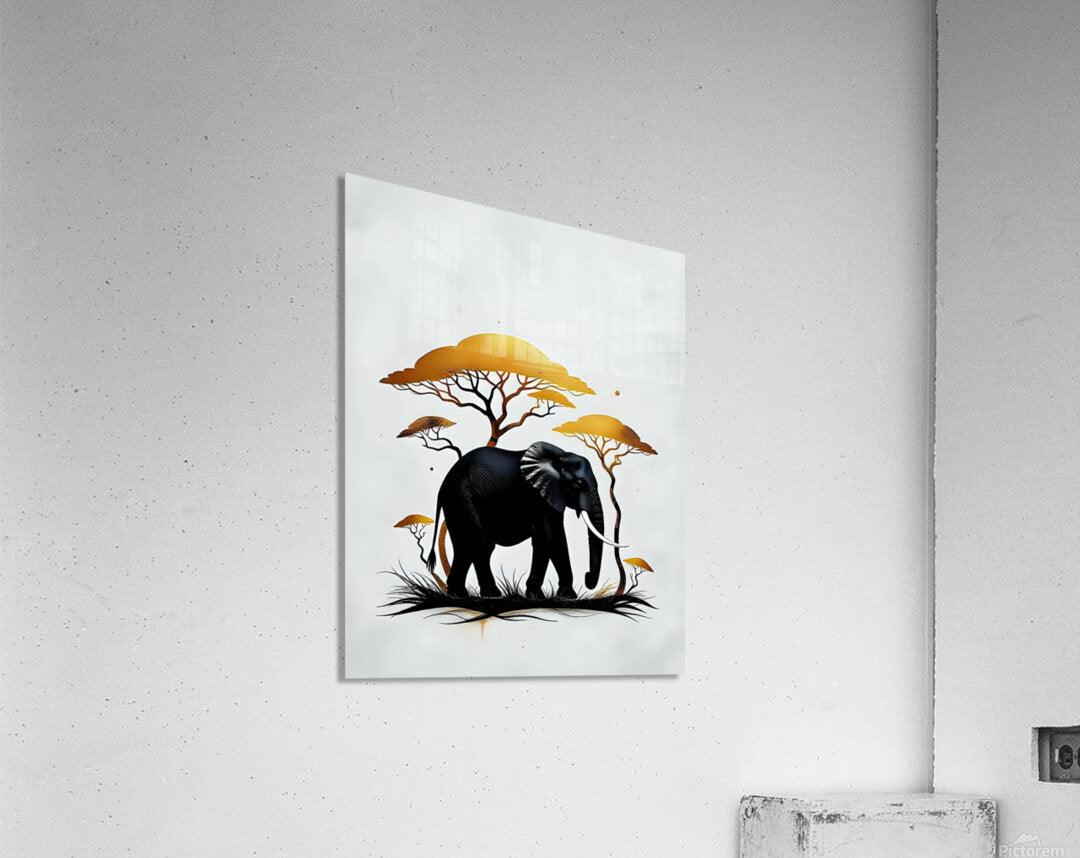 Black elephant and golden acacia tree wildlife art print on a light background