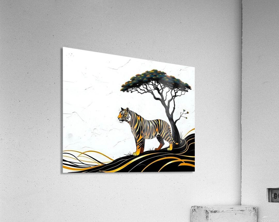 Safari tiger and savannah tree wall art with black and gold wave base