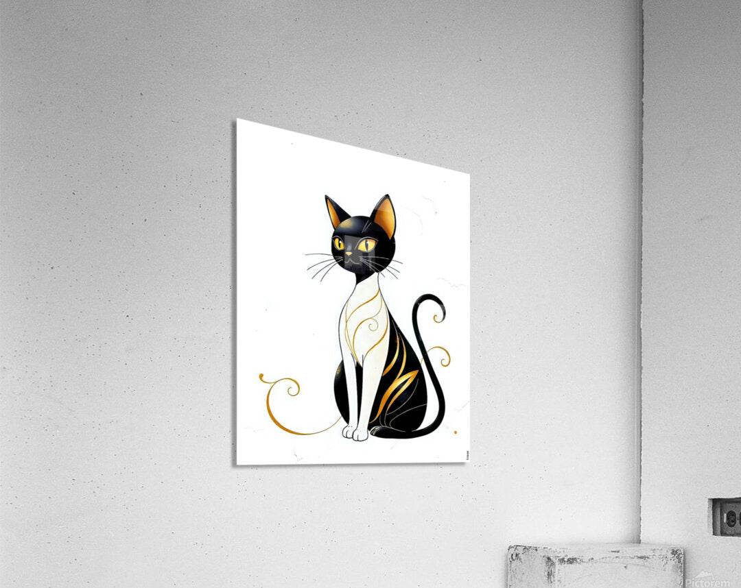 Cat art print on wall, black-and-gold cat with yellow eyes and curled tail