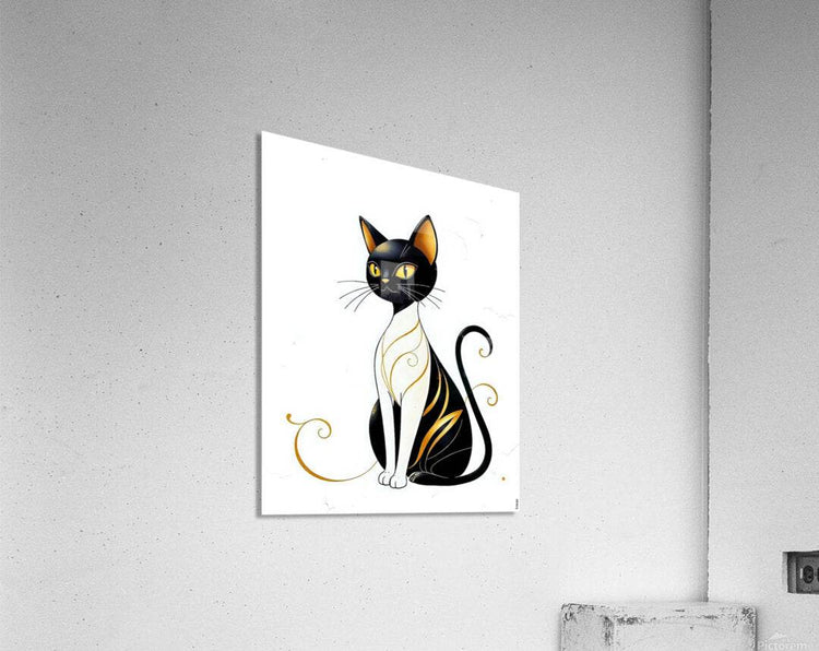 Cat art print on wall, black-and-gold cat with yellow eyes and curled tail