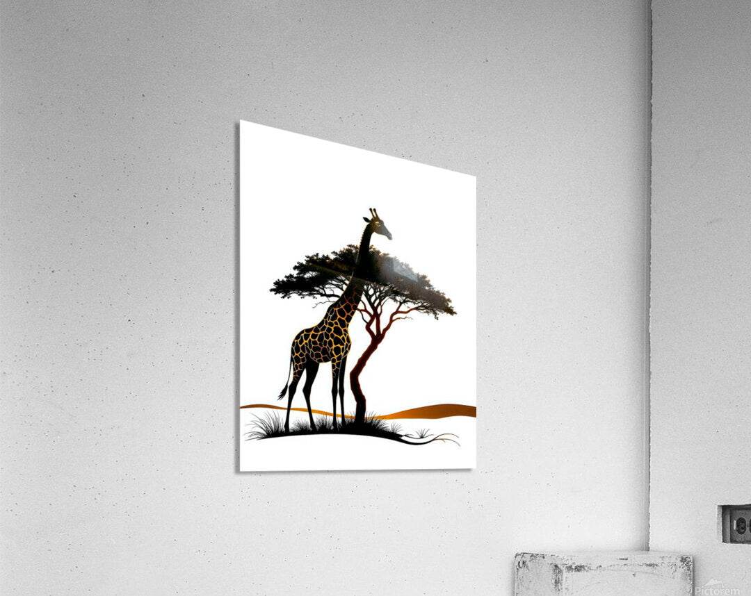 Giraffe canvas artwork with black tree and orange horizon line