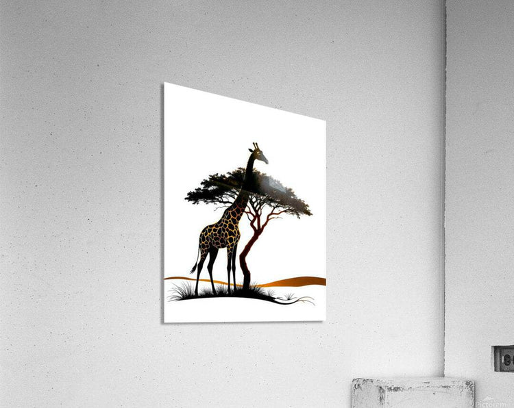 Giraffe canvas artwork with black tree and orange horizon line