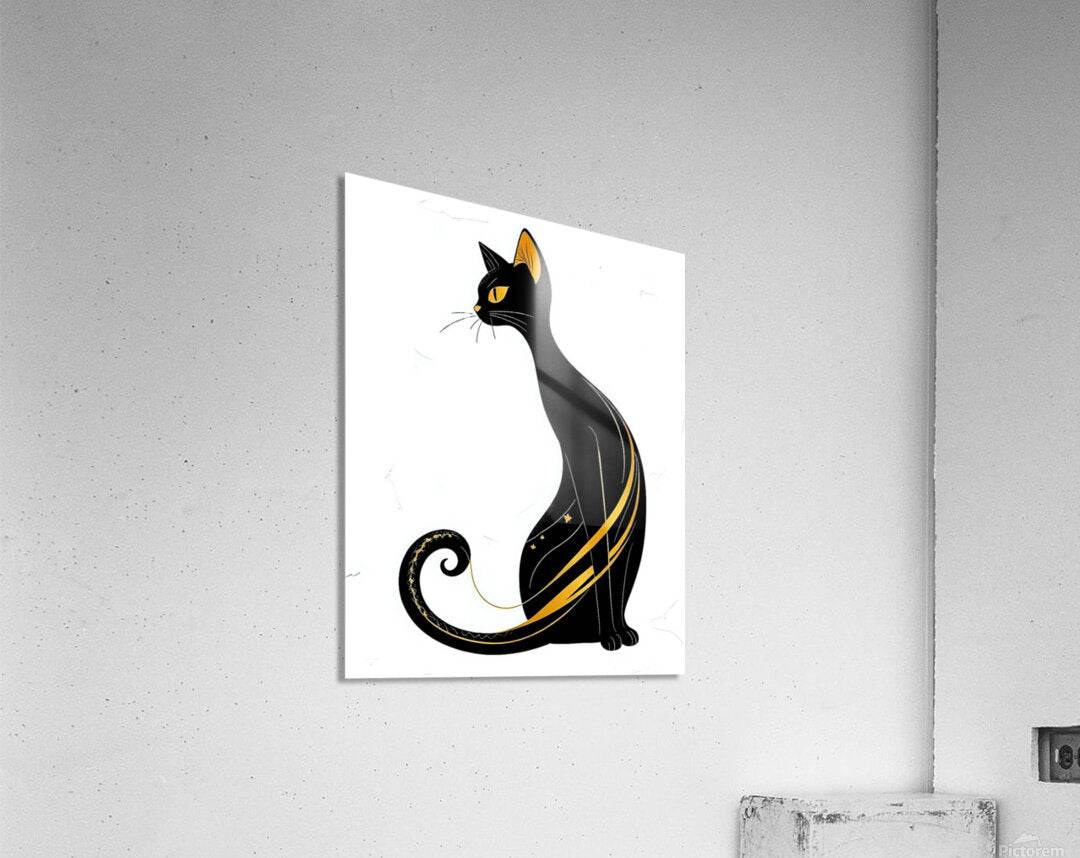 Square wall art print featuring a black cat with yellow stripes and curled tail