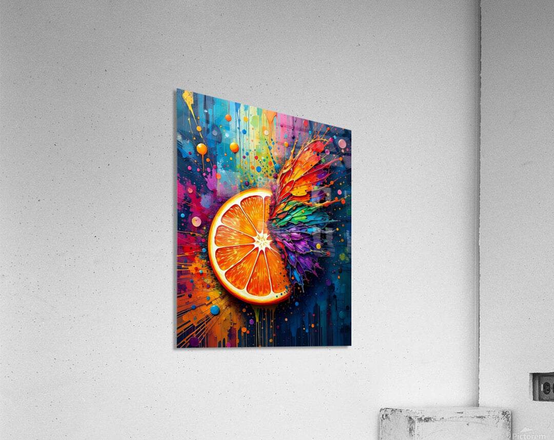Abstract orange wall art on dark canvas with sliced citrus and rainbow paintburst.