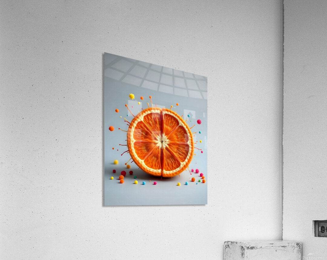 Wall-hung print showing orange citrus half with colorful splash effects on blue