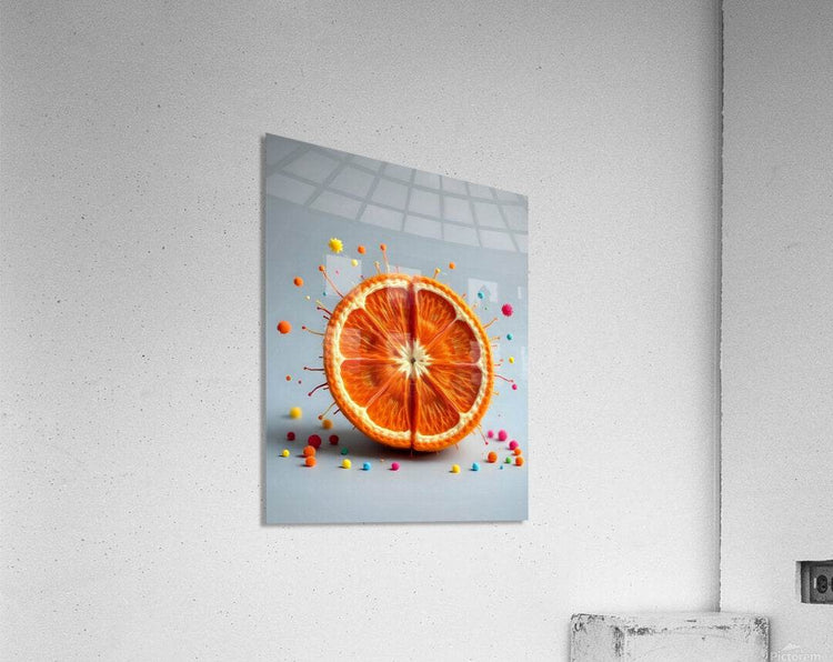 Wall-hung print showing orange citrus half with colorful splash effects on blue