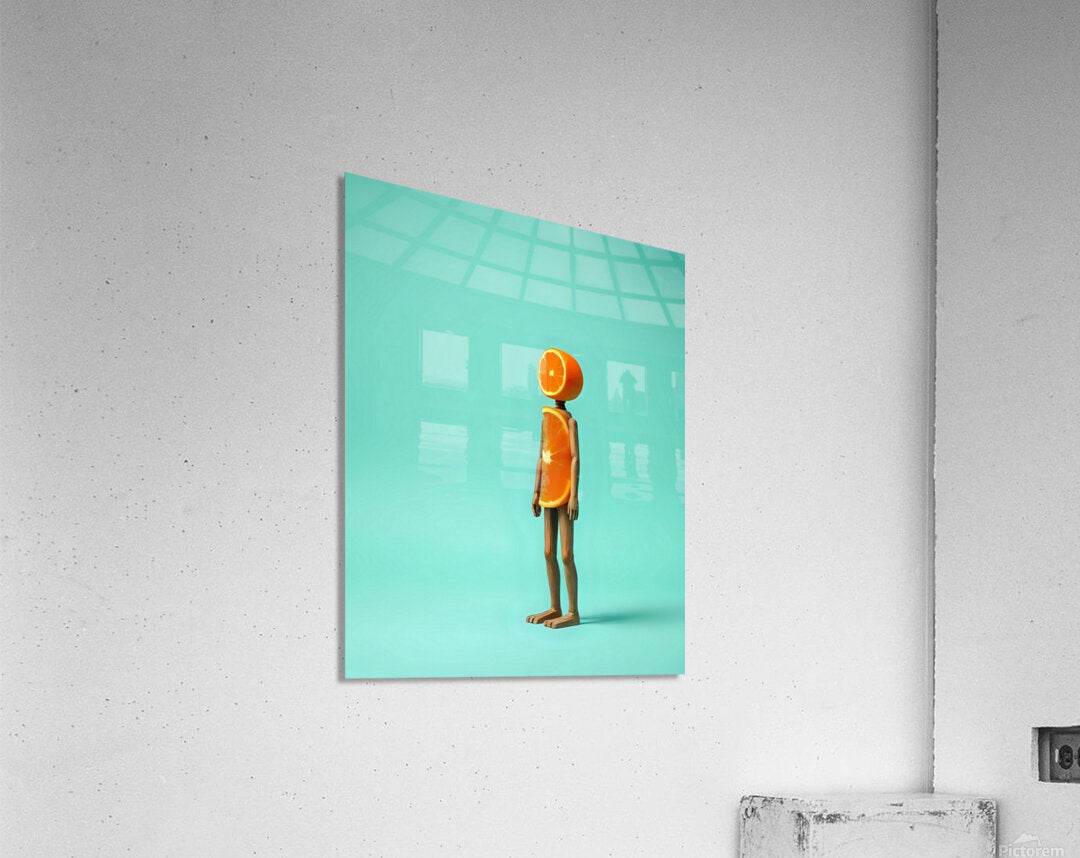 Mounted abstract wall art square print with orange fruit-headed figure on teal background