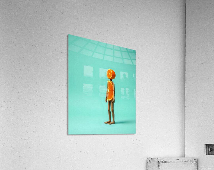 Mounted abstract wall art square print with orange fruit-headed figure on teal background