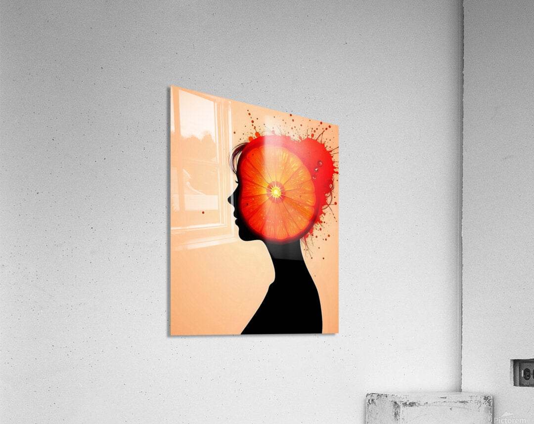 Framed abstract portrait print featuring black profile silhouette and orange citrus burst