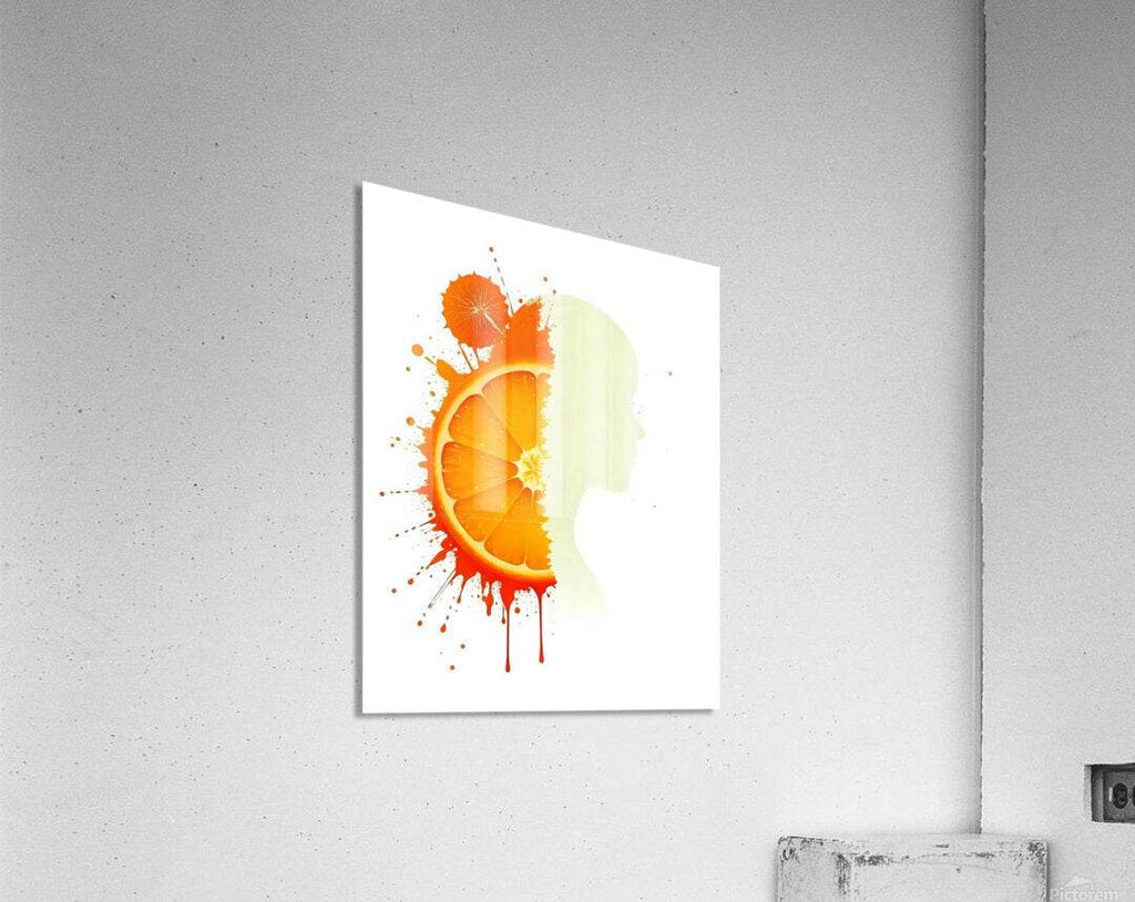 White wall-mounted abstract portrait print on canvas: orange citrus profile with pale yellow silhouette