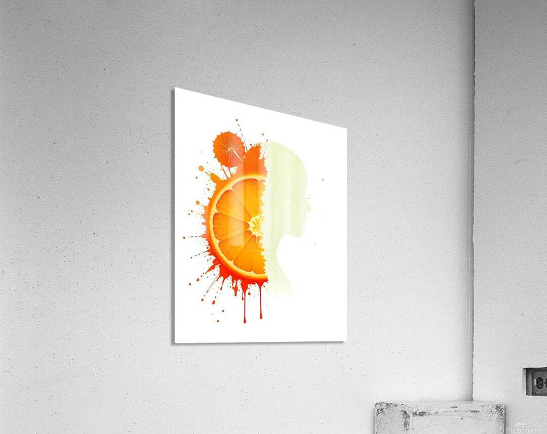 White wall-mounted abstract portrait print on canvas: orange citrus profile with pale yellow silhouette