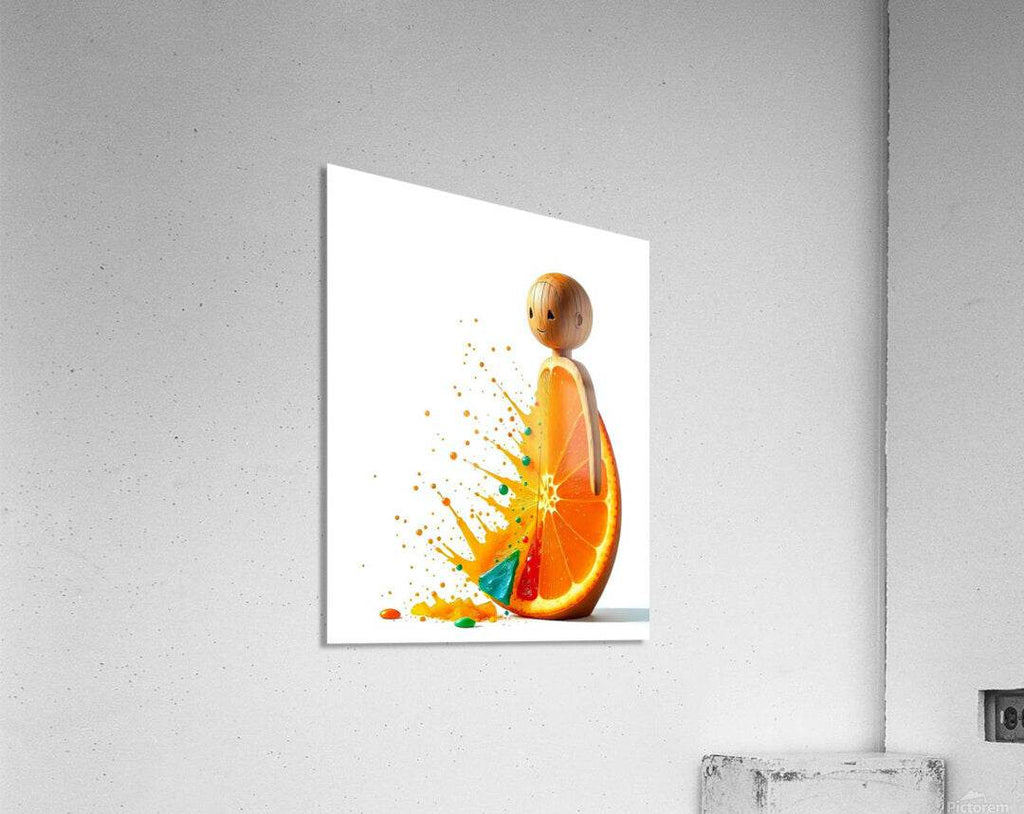 Square abstract orange character print with smiling fruit figure and paint-like splatter