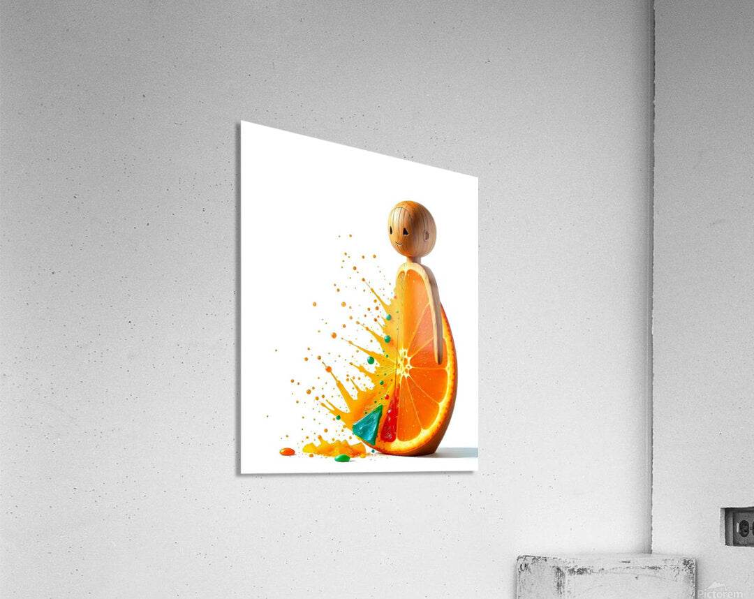 Square abstract orange character print with smiling fruit figure and paint-like splatter