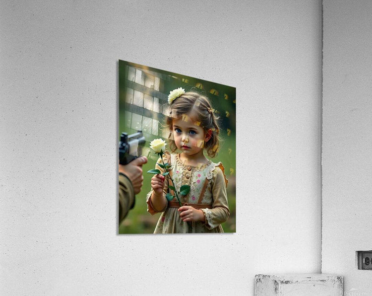 Square wall art print of a young girl holding a white flower