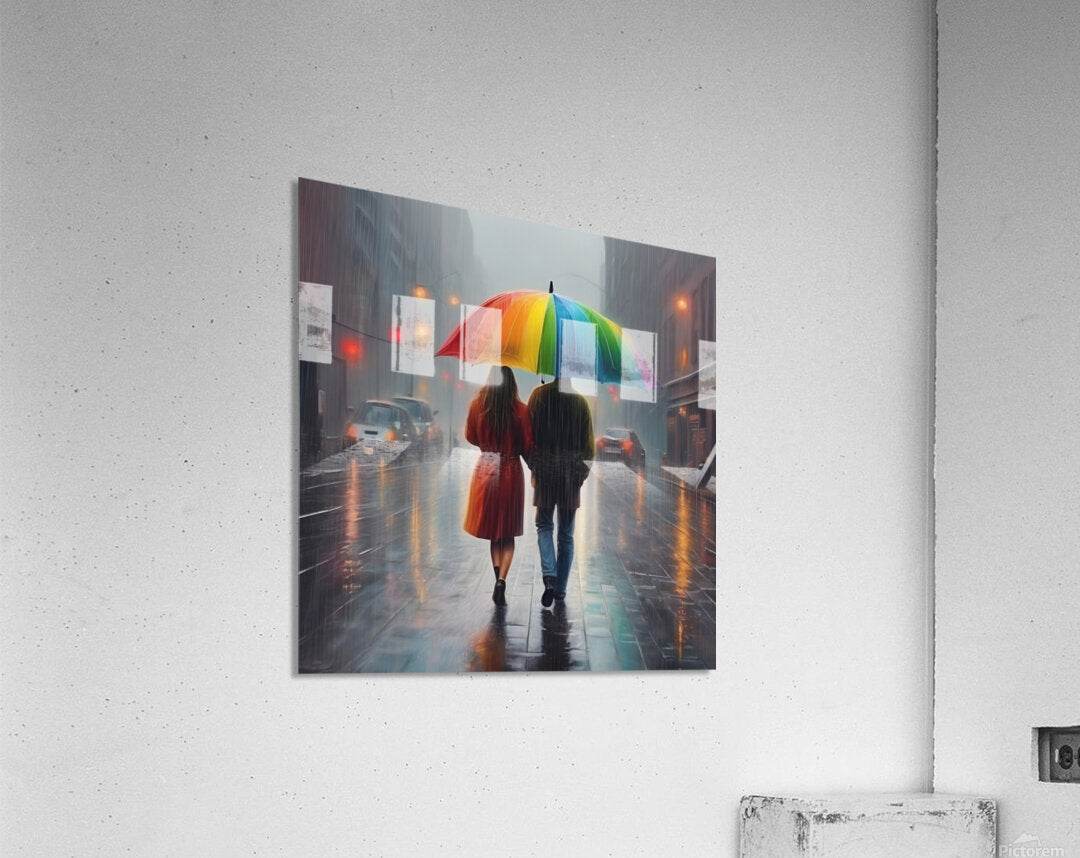 Rainbow umbrella couple artwork on a square wall canvas, woman in red dress and man in blue jeans