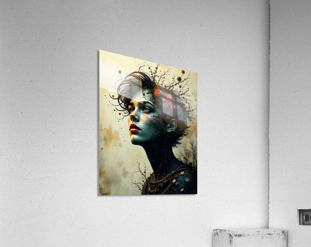 Portrait canvas art featuring a blue-skinned woman profile with red roses and black branches