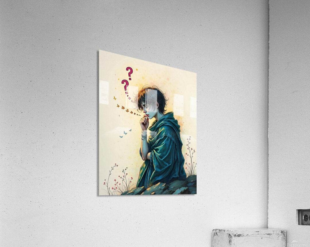 Art print: woman in teal cloak, finger to lips, pink question marks, bird-like shapes trail