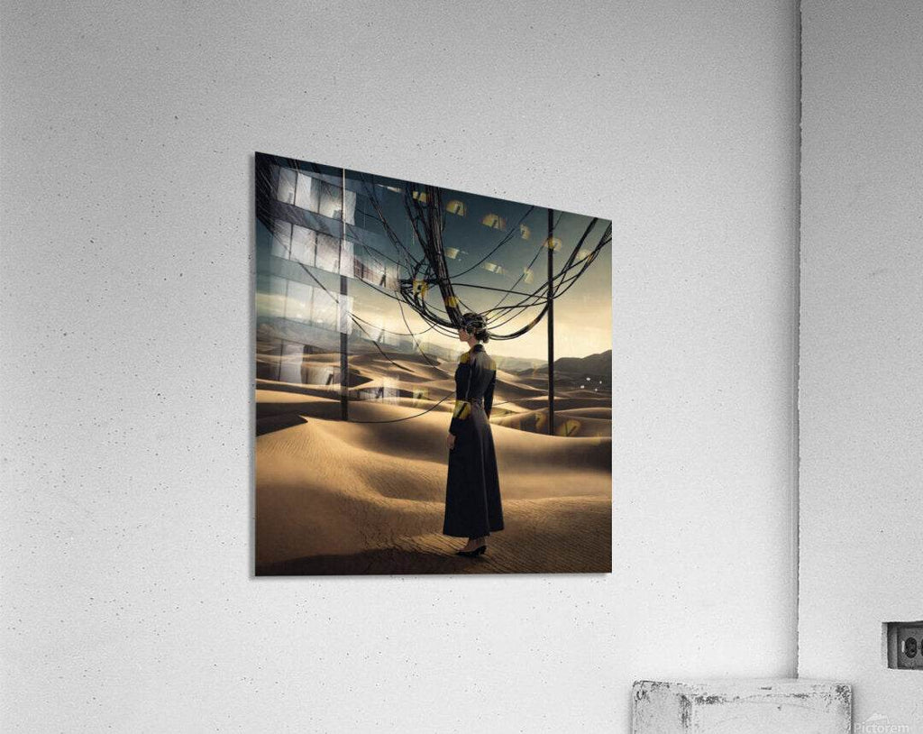Square desert artwork print showing a woman in a dark dress under black wire arches