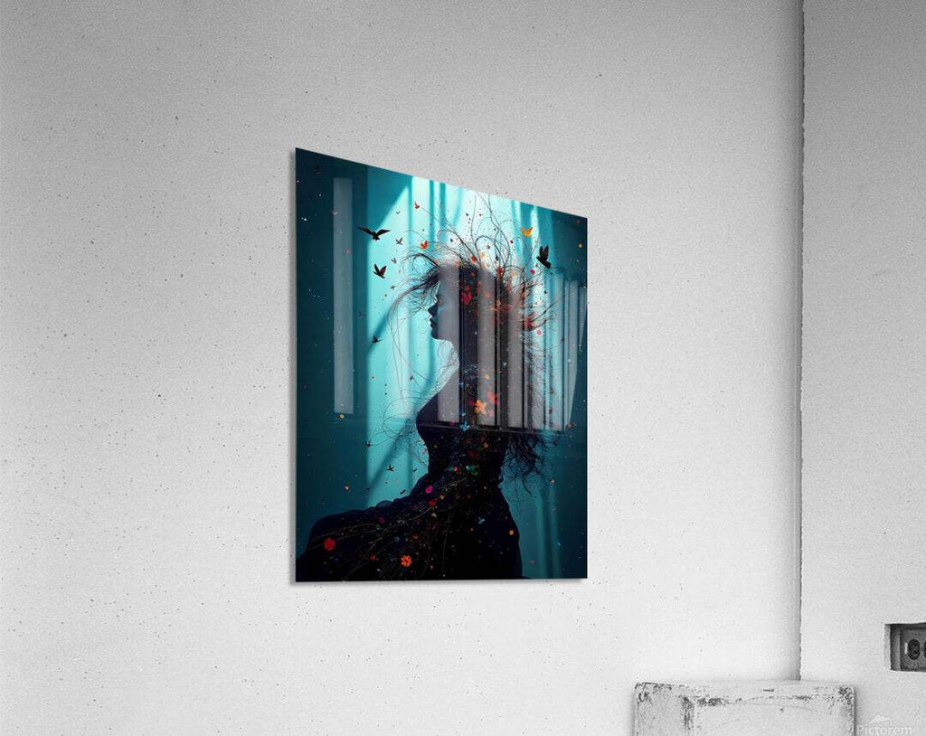 Square wall art print showing a black woman profile silhouette with butterflies against teal