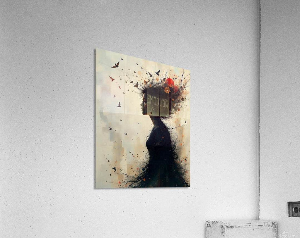 Canvas art print of a side-profile woman in dark tones with birds and red floral detail